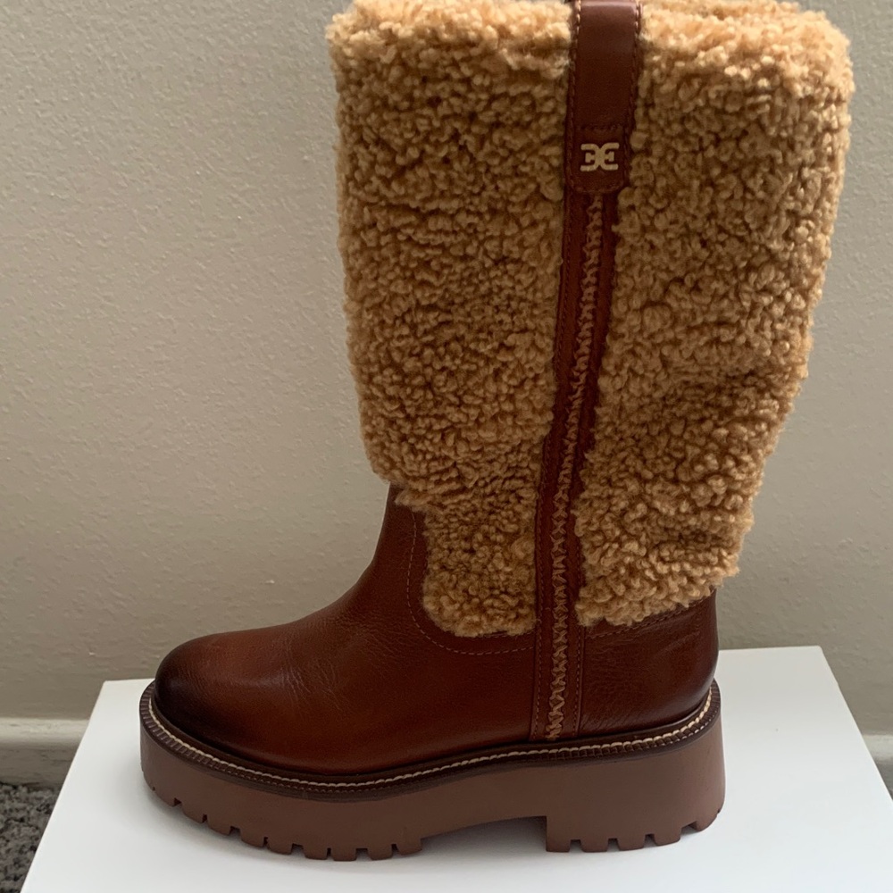 Sam Edelman Brown Leather and Tan Sherpa Moto Knee Boots